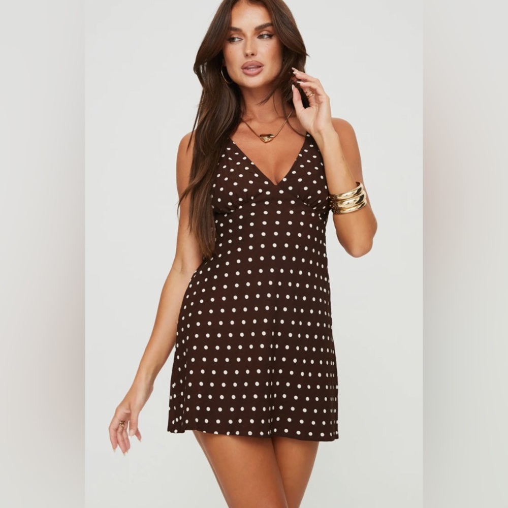 Princess Polly Nellie Polka Dot Minidress Brown White Size 4 Tie Waist